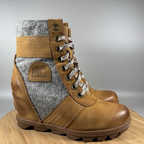 Sorel Lexie Wedge Boots Woemns 7 Felt Leather Camel Brown Tan Lace up Outdoor - Picture 1 of 7